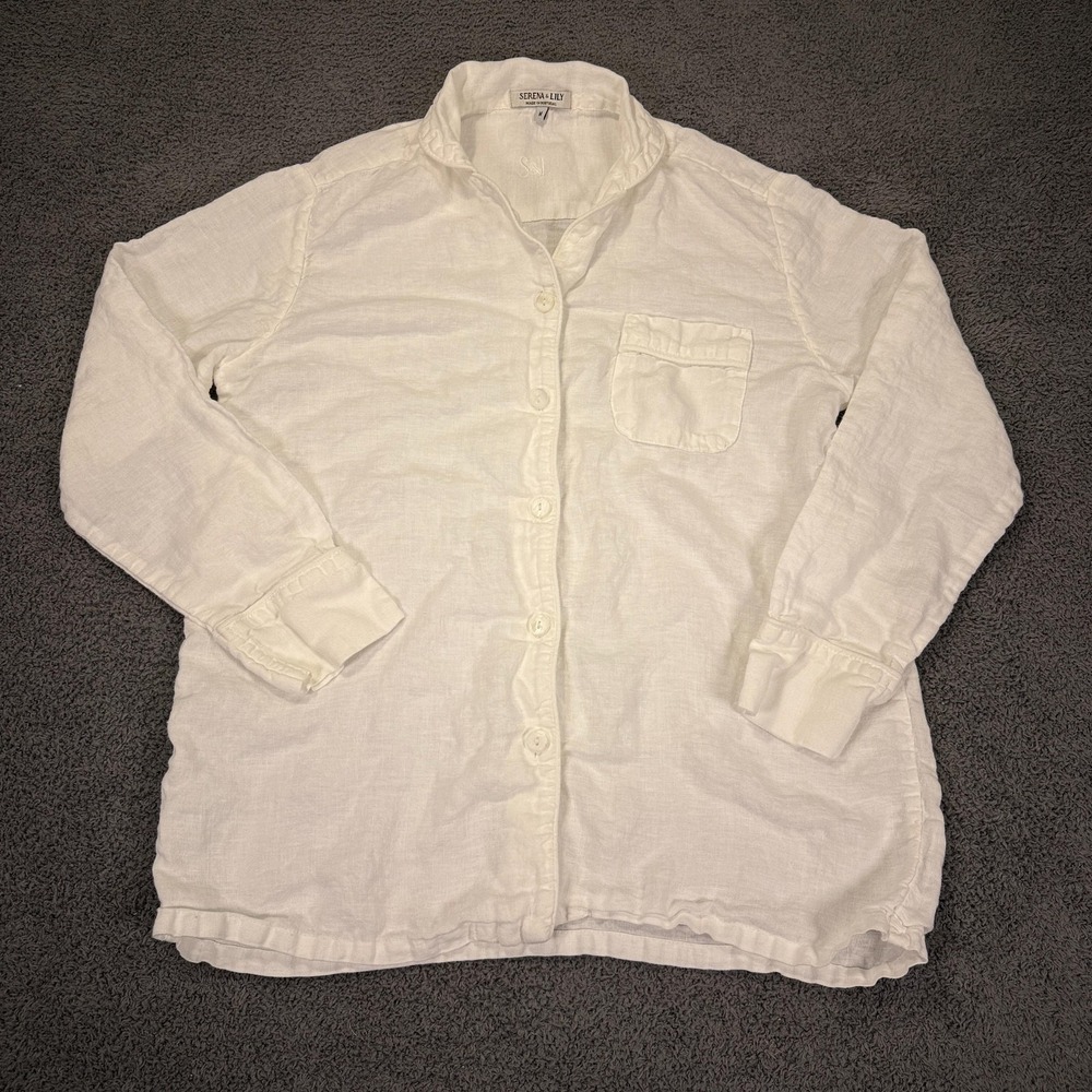 Serena & Lily Top Womens Medium‎ White Linen Minimal Vacation Mandarin Collar